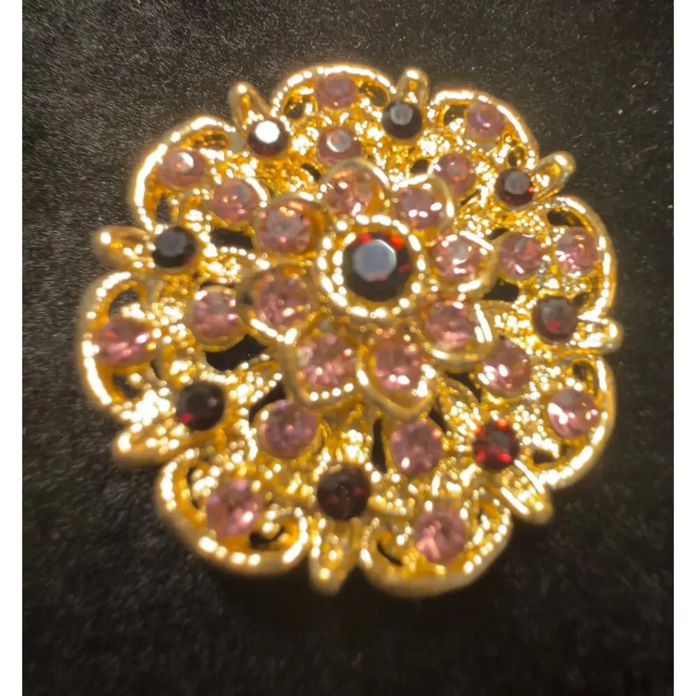 VTG Gold-Tone Pink & Garnet Rhinestone Floral Brooch Dimensional Statement Pin